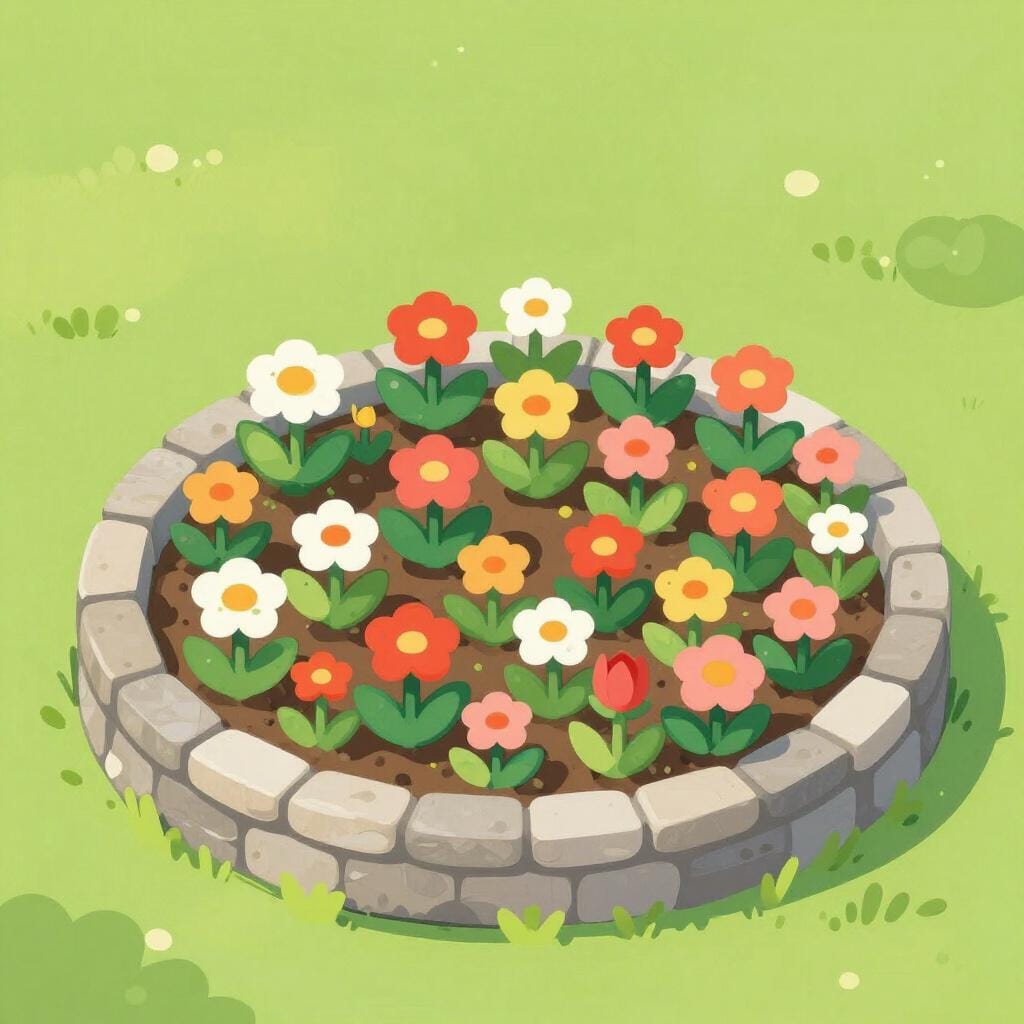 A small garden area completely surrounded by a low stone wall.