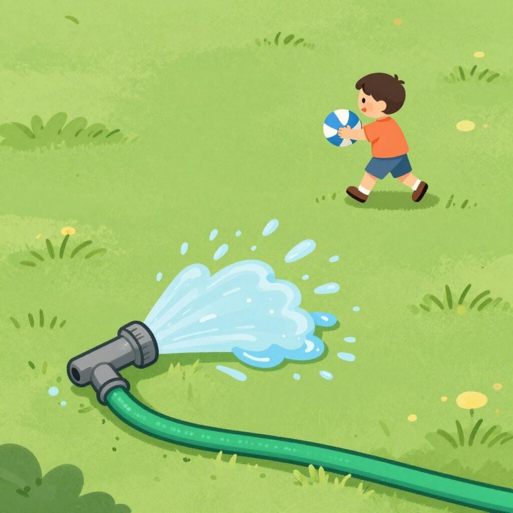 A child leaving a garden hose running on a lawn while walking away to play with a ball.
