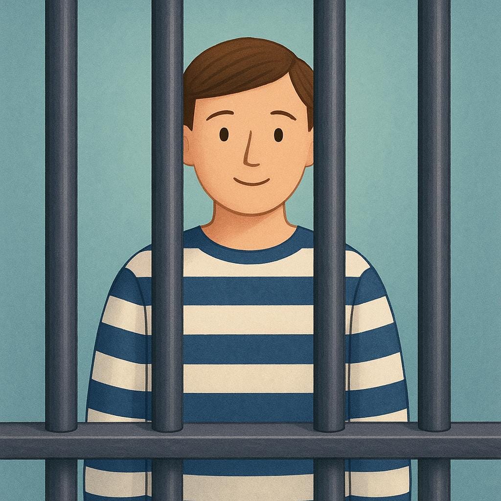 A figure wearing old-fashioned black and white striped prisoner clothing standing behind thick iron bars.