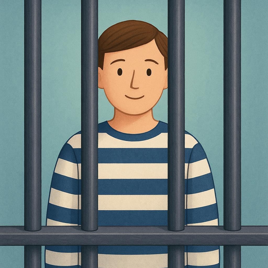 A figure wearing old-fashioned black and white striped prisoner clothing standing behind thick iron bars.