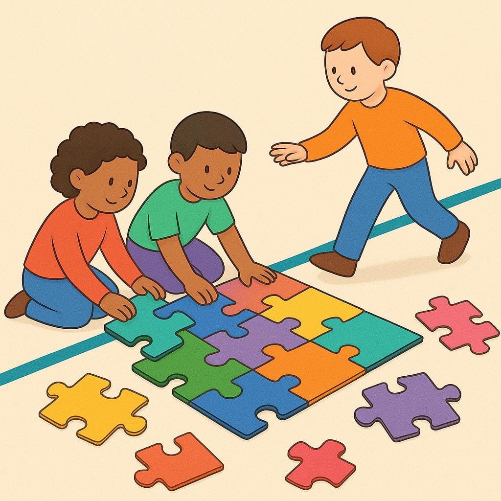 A stylized drawing of a person stepping across a dashed line to join two other figures who are actively working on assembling a large, colorful jigsaw puzzle.