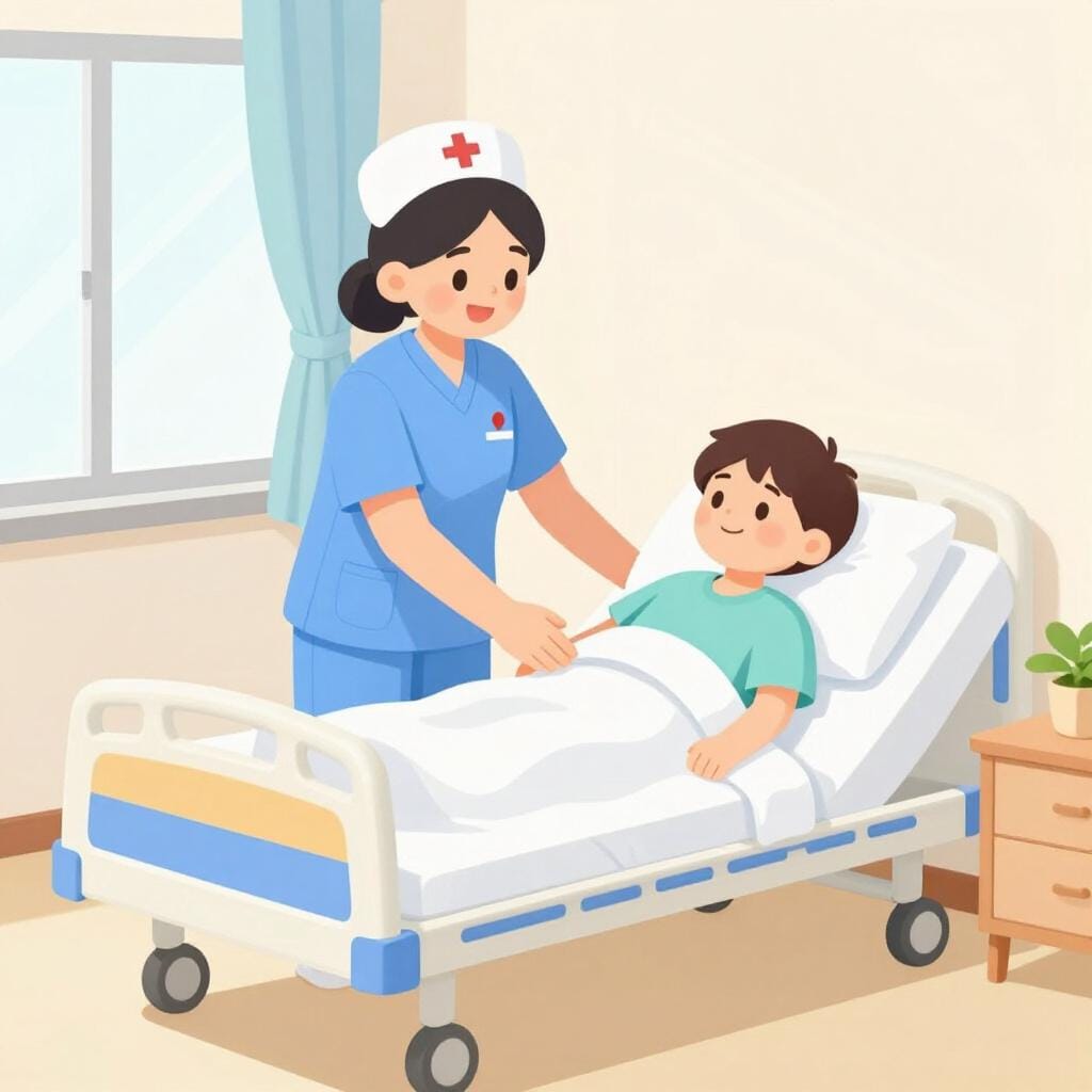 Une infirmière sympathique aidant un patient à s'asseoir dans un lit d'hôpital confortable dans une pièce lumineuse.