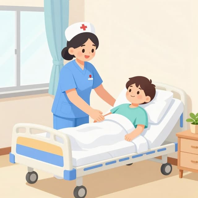 A friendly nurse helping a patient sit in a comfortable hospital bed in a bright room.