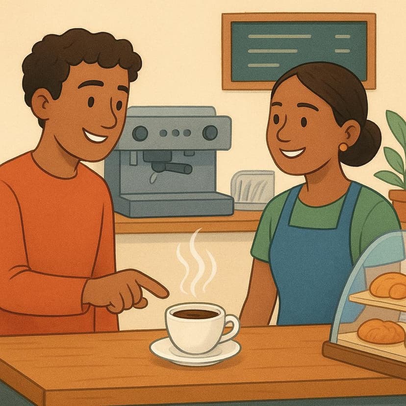 A customer politely gesturing towards a steaming cup of coffee on a cafe counter, indicating they would like to order it.