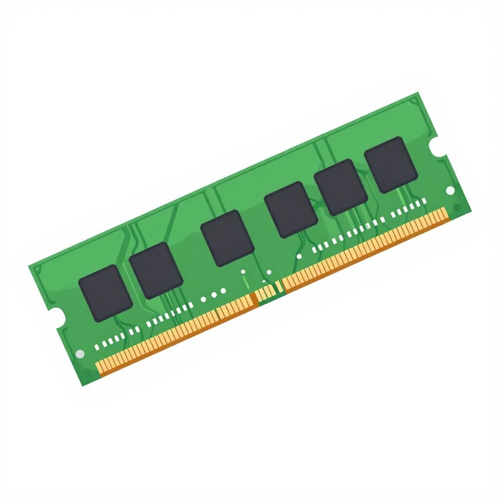 A computer memory module with black chips on a green circuit board.