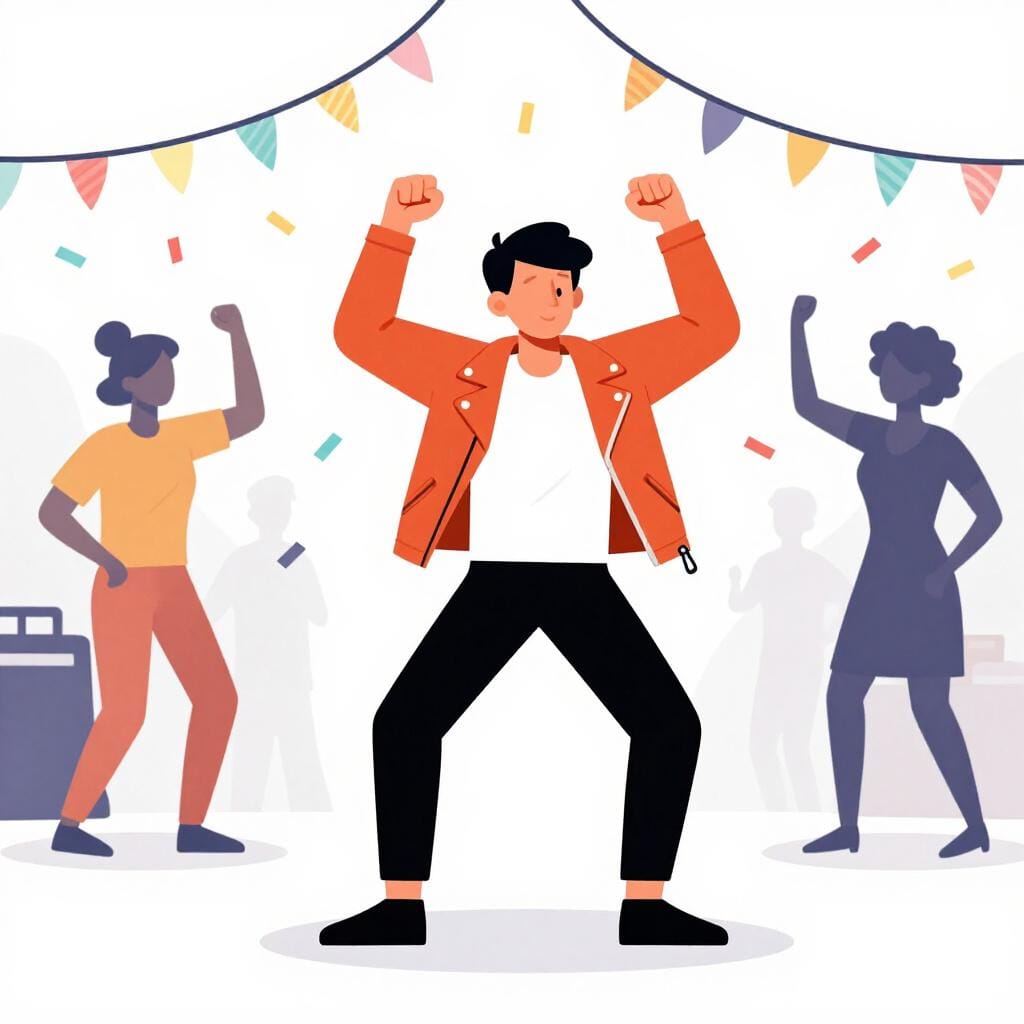 Una persona che indossa una giacca di pelle e occhiali da sole, che ride e balla sotto luci colorate da festa.