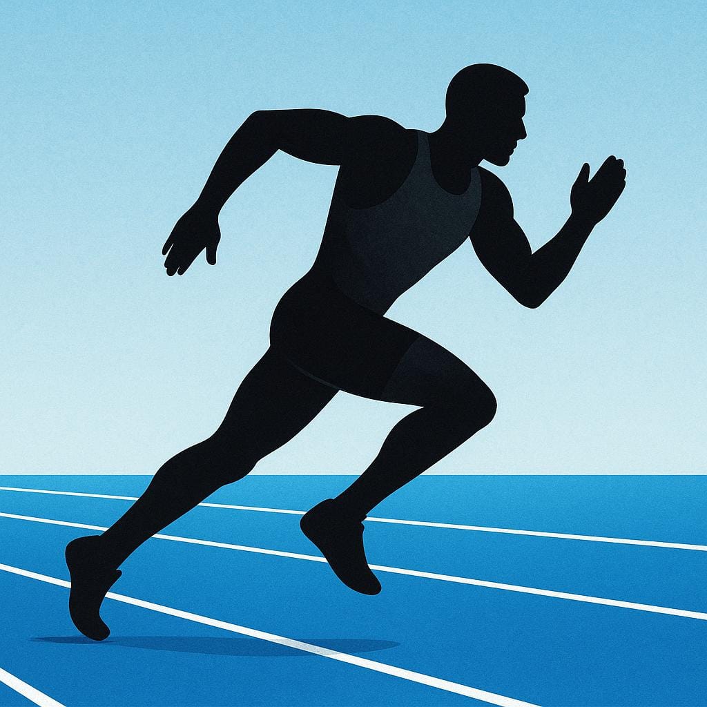 A muscular person wearing running clothes sprinting rapidly on a bright blue race track.