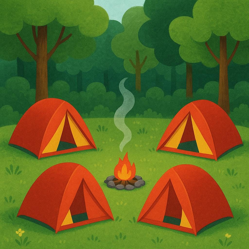 Three colorful tents pitched around a small campfire in a forest clearing.