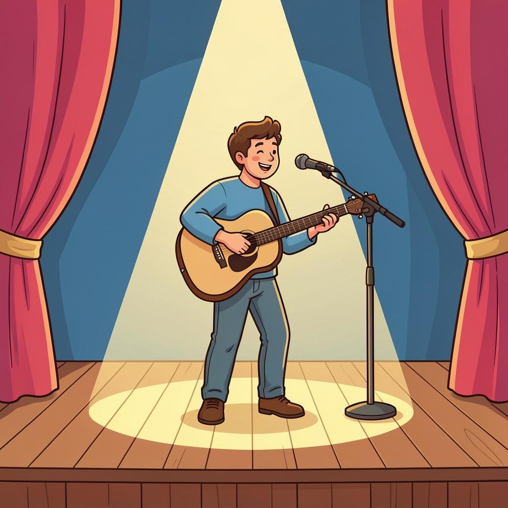 A musician playing a guitar on a small stage with a spotlight.