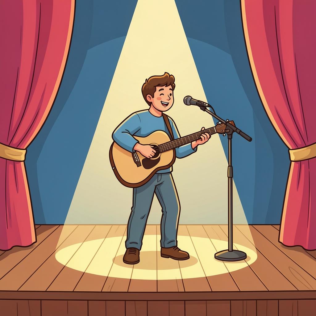 A musician playing a guitar on a small stage with a spotlight.