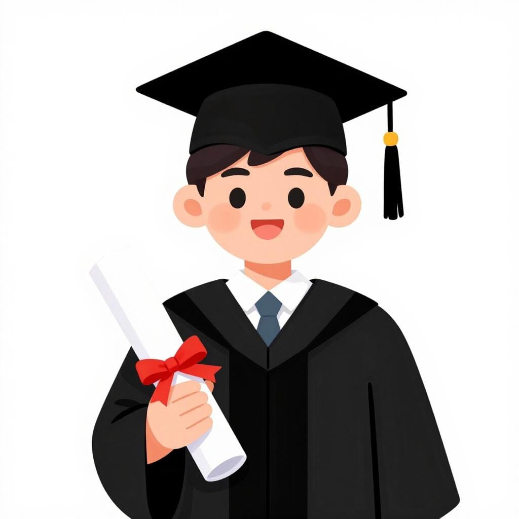 A smiling person wearing a graduation cap and gown holding a rolled diploma.