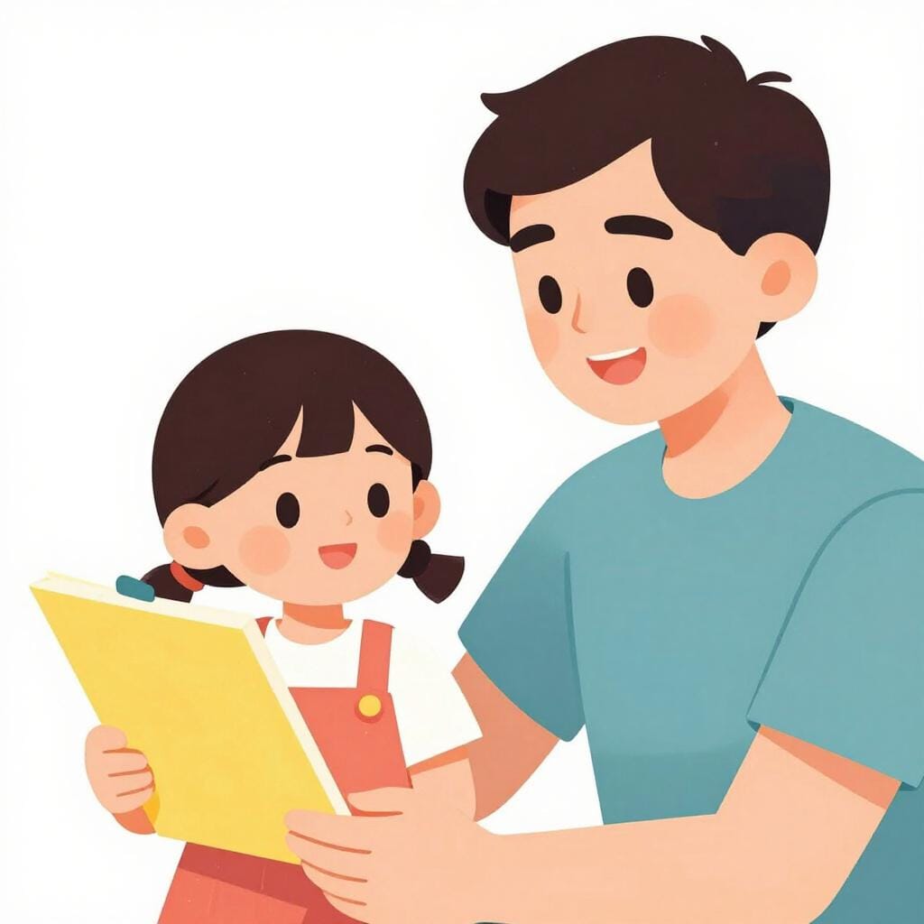 Um pai sorrindo calorosamente e colocando a mão no ombro da filha enquanto ela exibe uma pintura colorida.