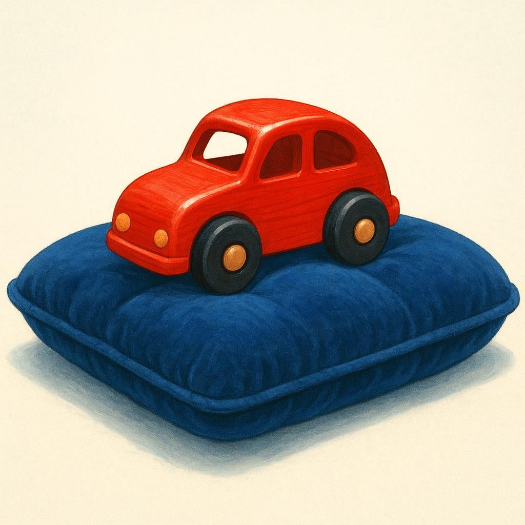 A single, brightly colored wooden toy car resting prominently on a soft, deep blue velvet cushion, symbolizing an item that was specifically requested.