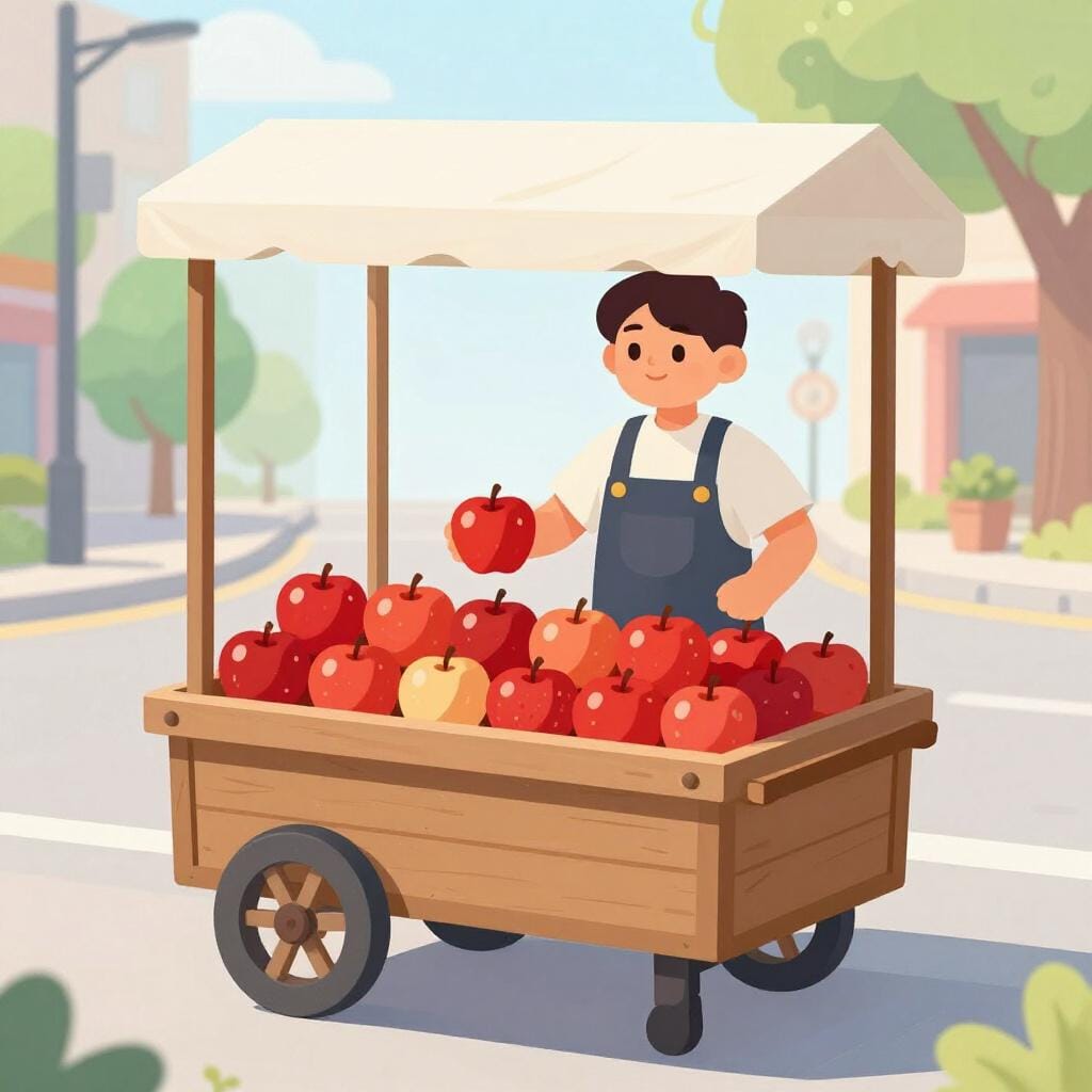 Een persoon die achter een klein houten karretje staat, gevuld met felrode appels op een geplaveide straat.