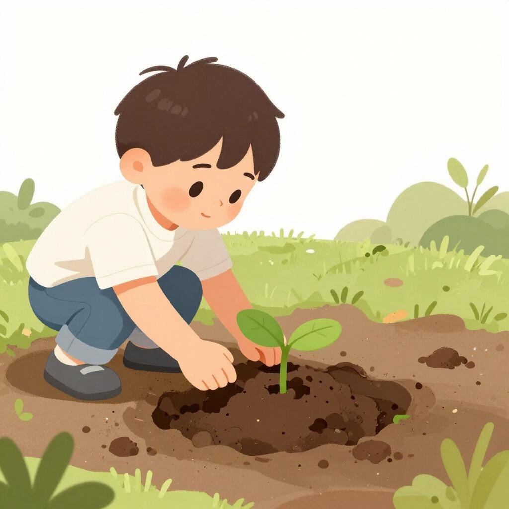 シャベルを使って地面に小さな苗木を植える子供。特定の行為や行動を象徴している。