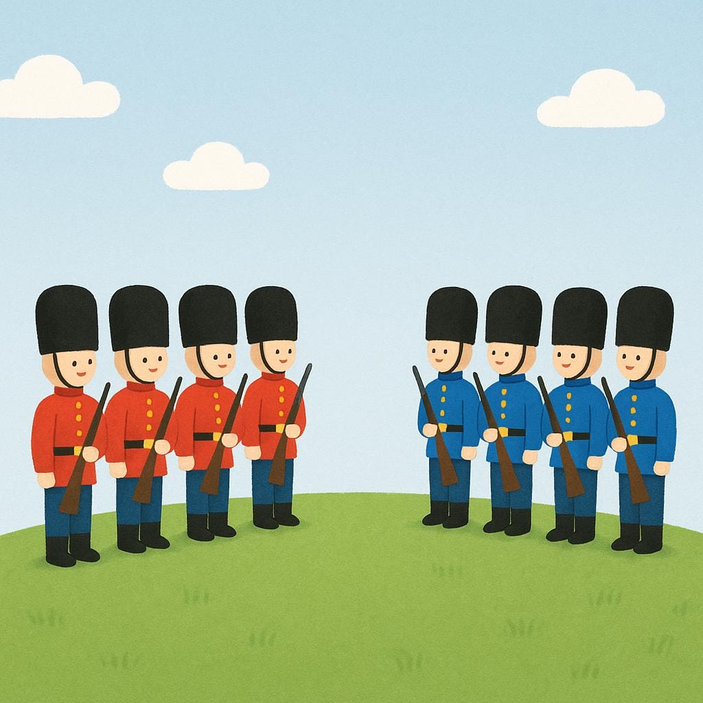 Two groups of toy soldiers in colorful uniforms facing each other on a green field.