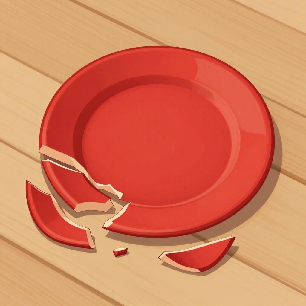 A bright red ceramic plate shattered into several large pieces on a wooden floor.