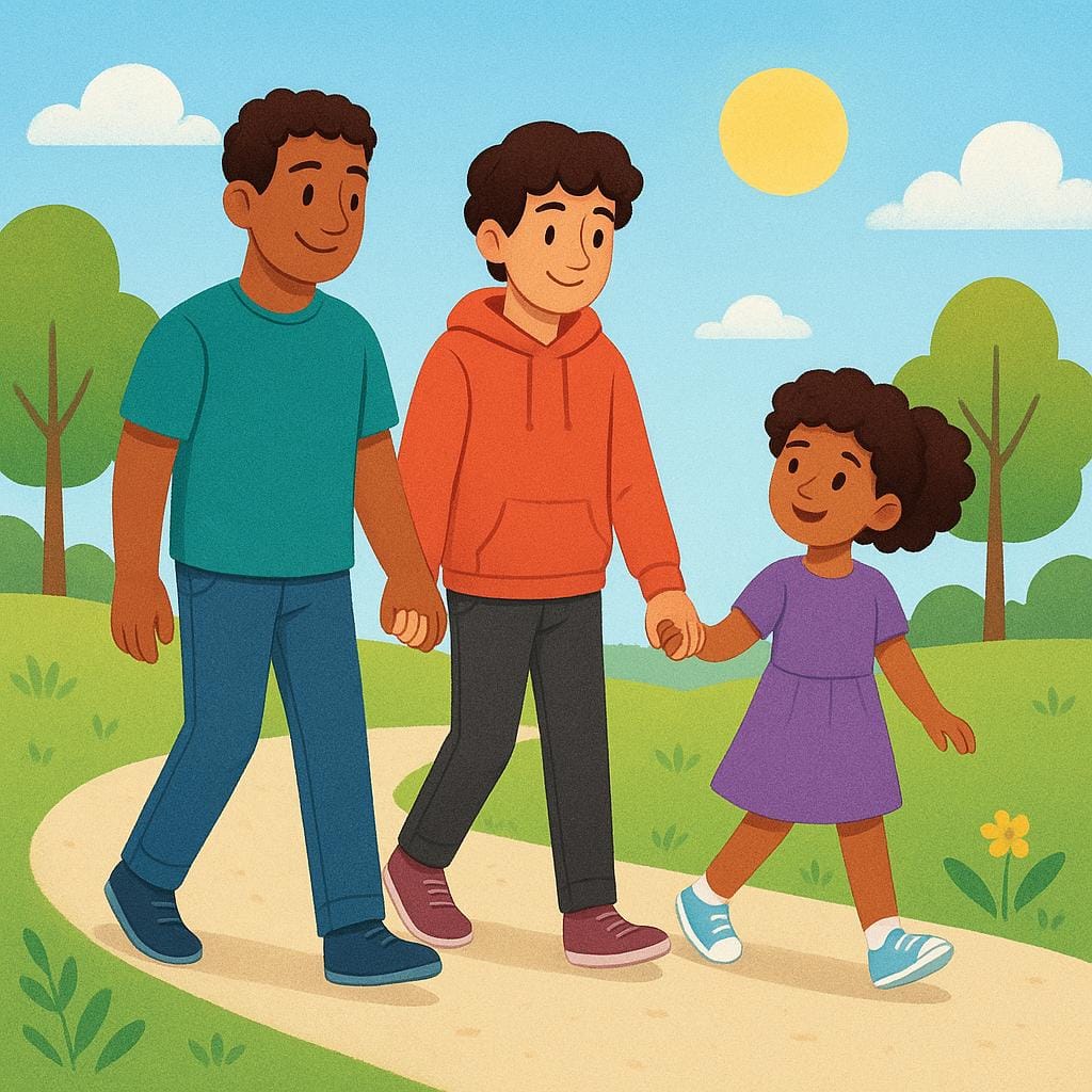 A depiction of three family members—an adult, a teenager, and a child—holding hands and walking closely together on a sunny path, showing a strong bond of belonging.