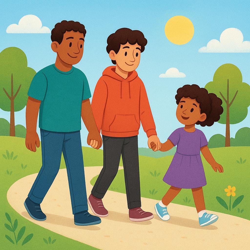 A depiction of three family members—an adult, a teenager, and a child—holding hands and walking closely together on a sunny path, showing a strong bond of belonging.