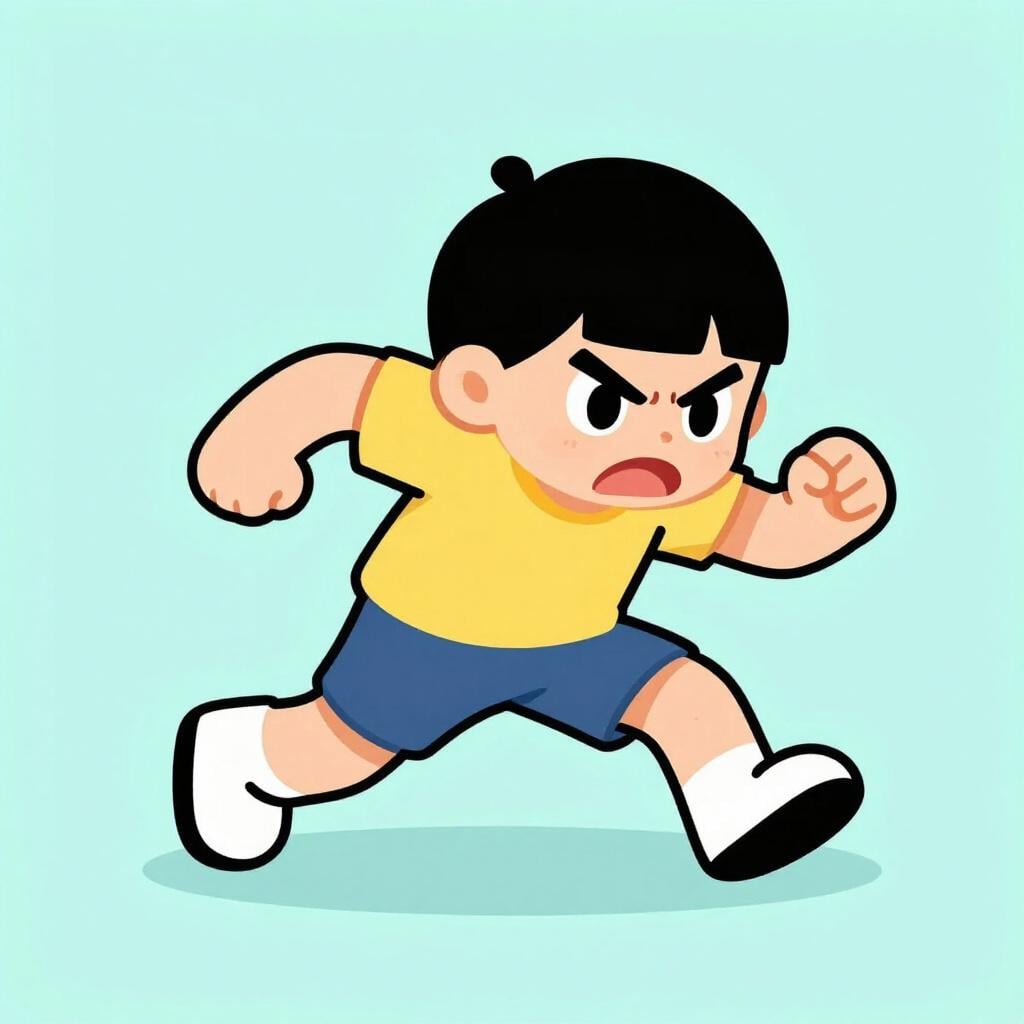 A character with an angry expression lunging forward in a storybook style.