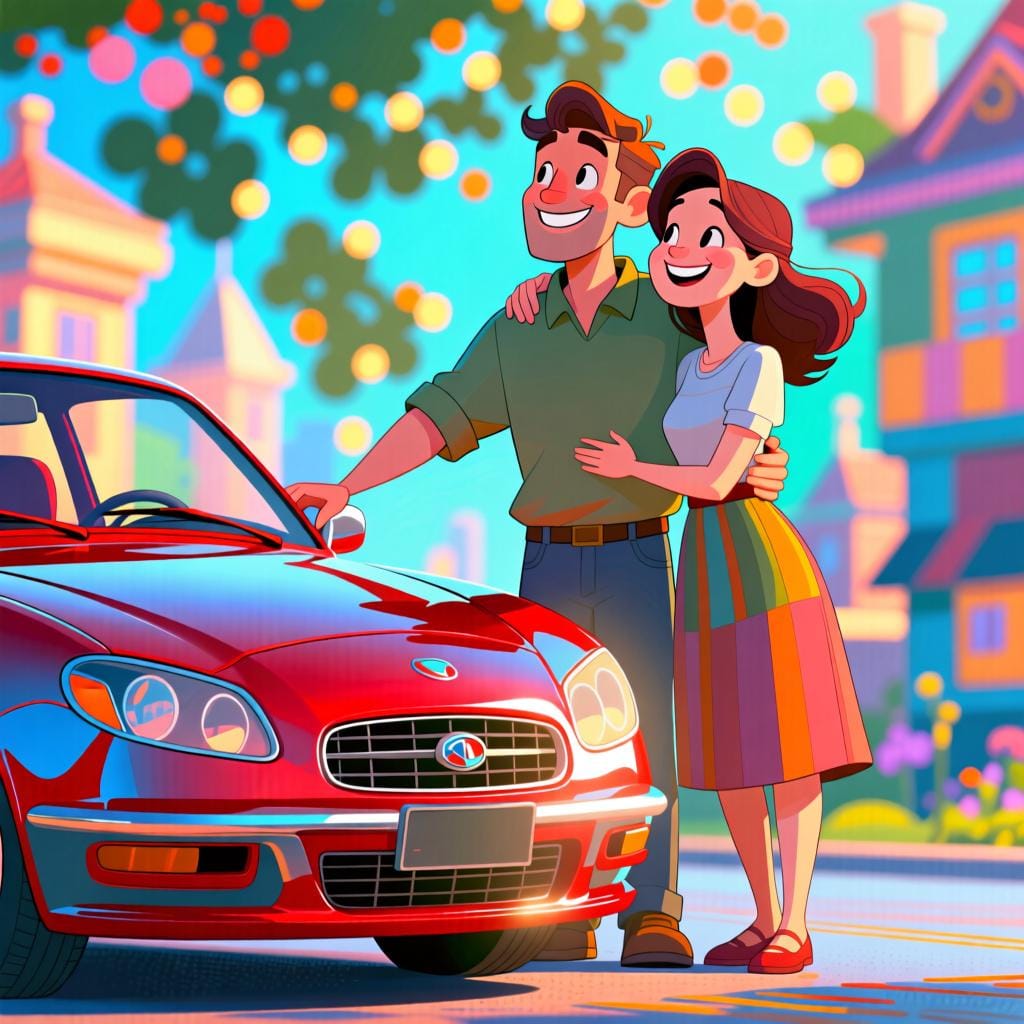 Een vrouw en een man staan trots naast een rode auto die van hen is.