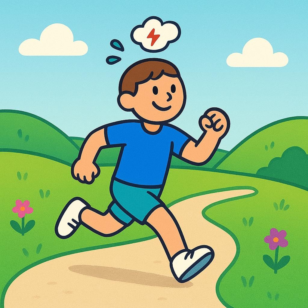 A cheerful simplified person running vigorously on a path, with a small cloud of energy or sweat indicated above their head, symbolizing energy expenditure.