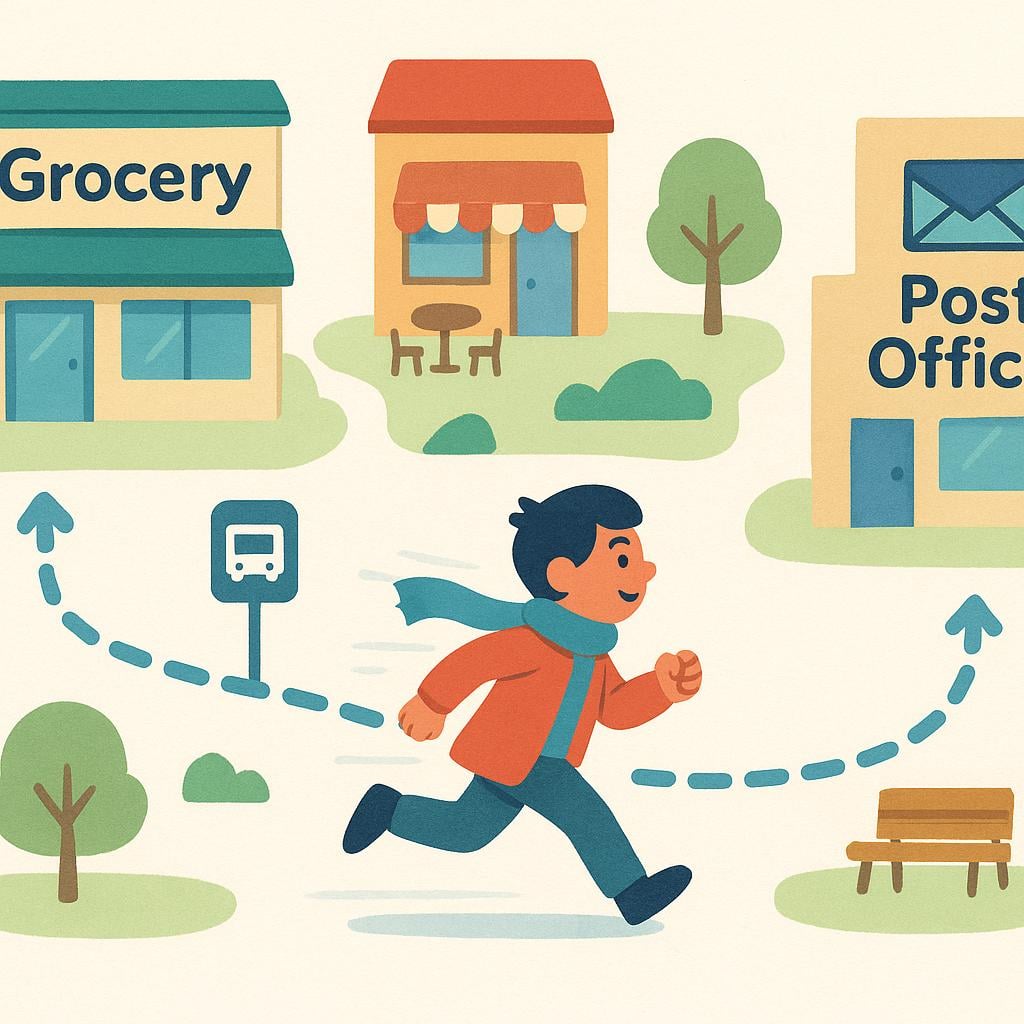 A cheerful cartoon character with shopping bags moving quickly along a winding path connecting a house, a market, and a post office, indicating multiple errands.