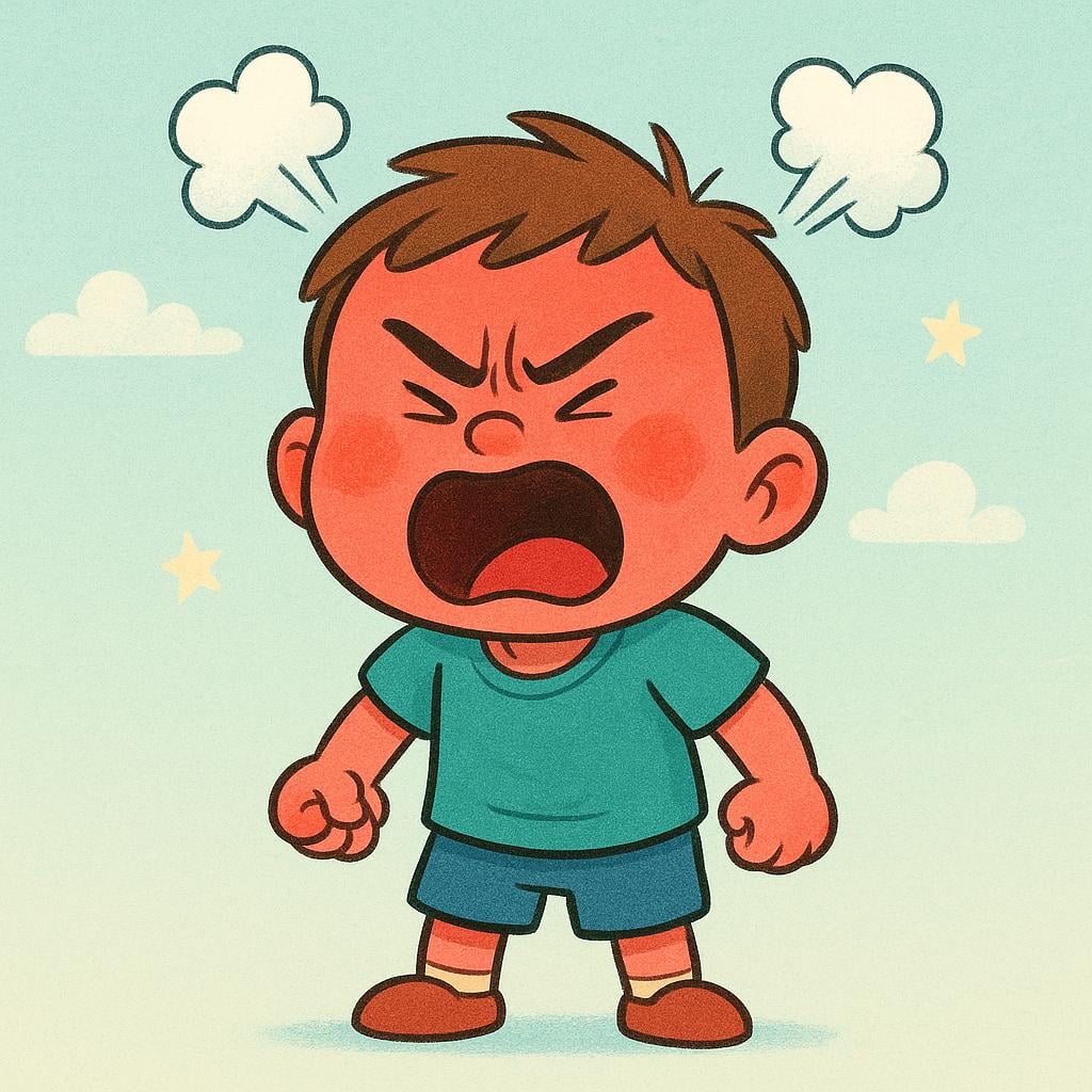 A simple, colorful storybook illustration showing a furious child character with a bright red face, yelling, with visible steam rising from their head, indicating extreme anger.