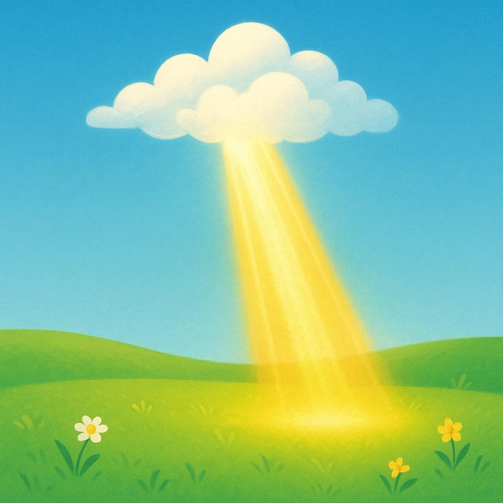 A brilliant, golden, ethereal ray of light shining down from a simple arrangement of white clouds onto a peaceful, green field, symbolizing the divine.