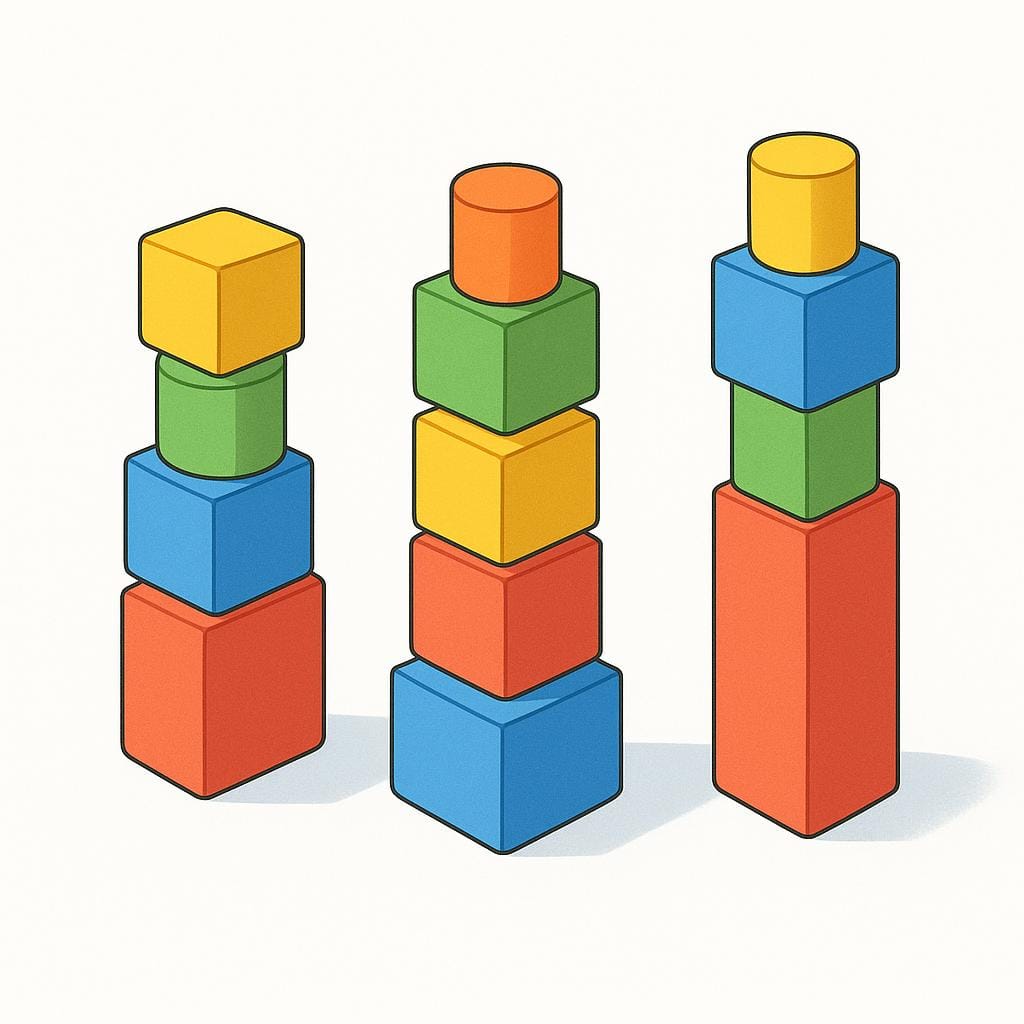 Tre pile verticali distinte di semplici blocchi geometrici colorati, che illustrano dati organizzati in colonne.