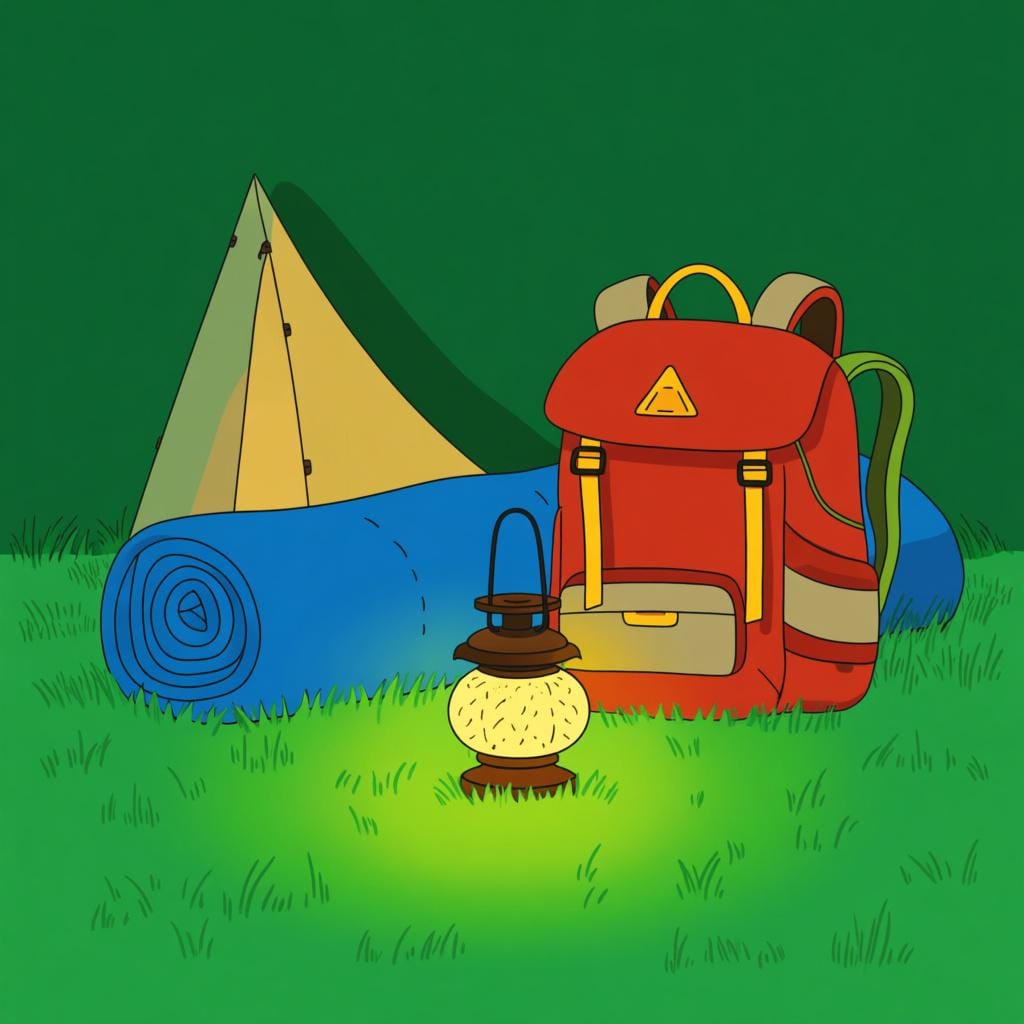 A neatly arranged collection of camping gear, including a rolled-up tent, a large backpack, and a lantern, sitting on green grass.