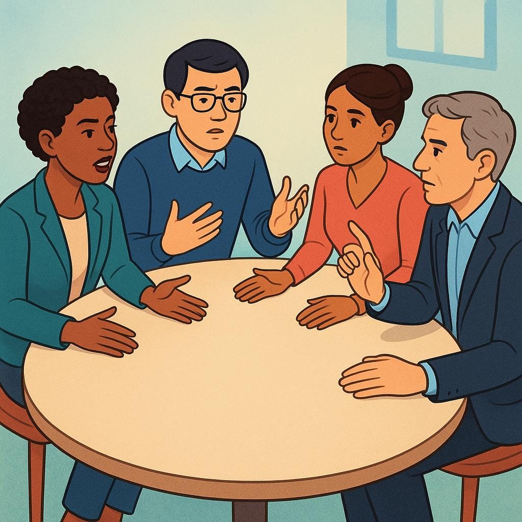 Four diverse professional adults sitting around a large round table, gesturing and discussing a serious topic, representing a committee or board.