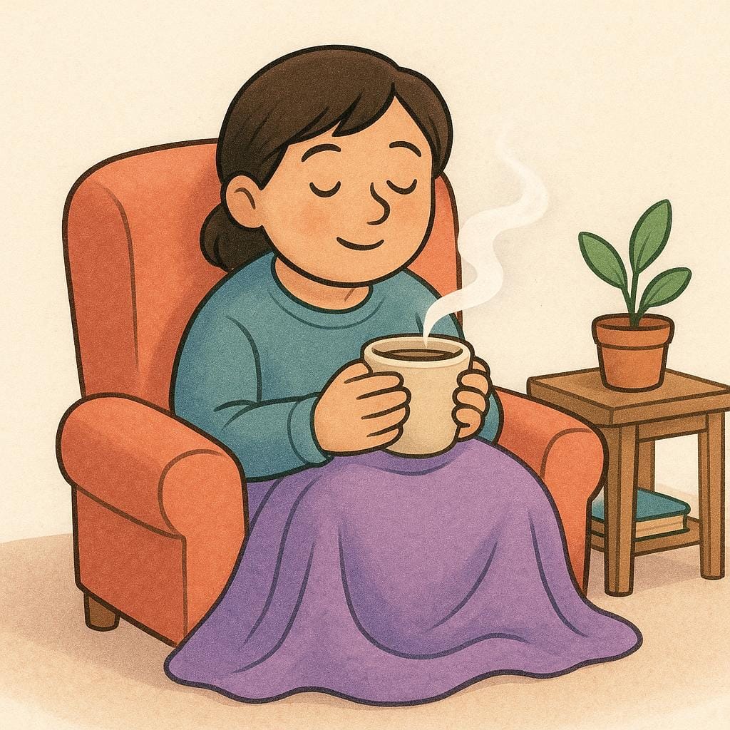 A simple illustration of a young person sitting cozy in an armchair, wrapped in a blanket, holding a warm mug, enjoying a feeling of deep warmth and relaxation.