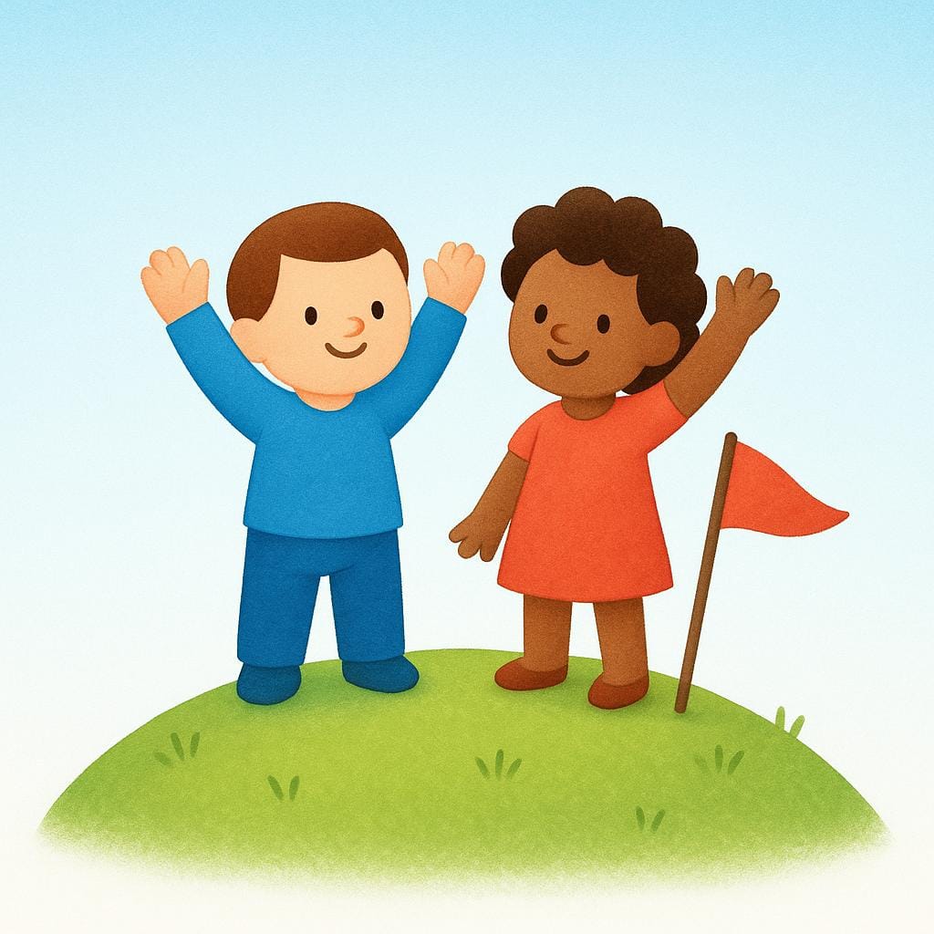 Dois personagens simplificados de livro de histórias estão lado a lado no topo de uma pequena montanha colorida, levantando os braços em comemoração ao lado de uma pequena bandeira que acabaram de plantar, simbolizando o sucesso atual.