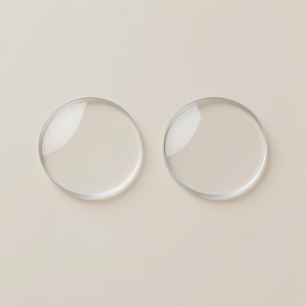 Two clear, curved glass lenses used for eyeglasses resting on a flat surface.