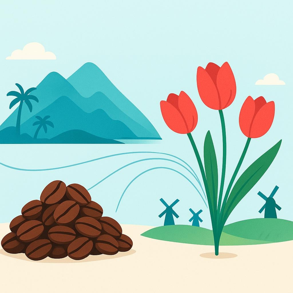 A small pile of dark coffee beans and a cluster of brightly colored tulips, with visual lines tracing their origins back to two geographically distinct, stylized backgrounds.