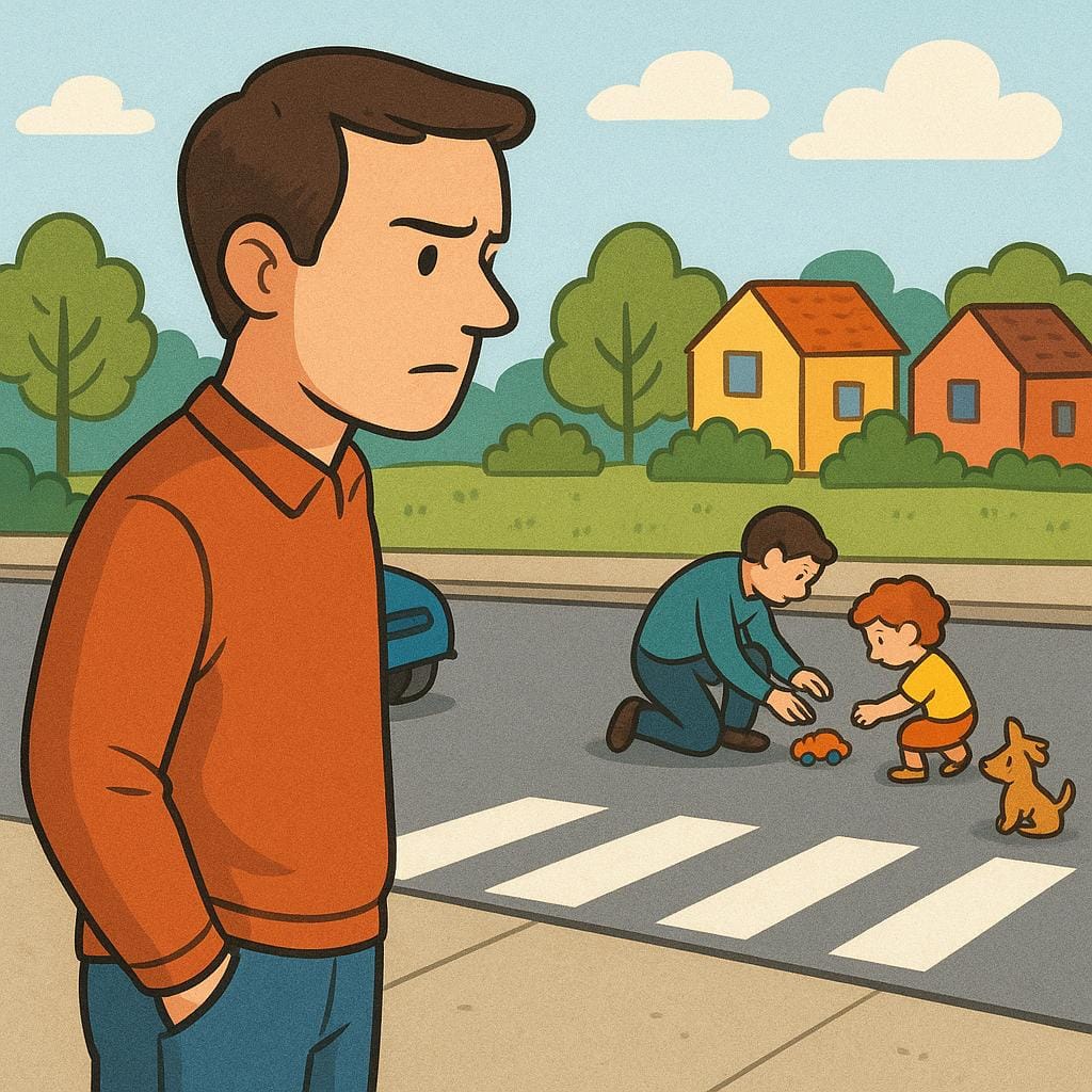 A person standing outside, looking intently and seriously at an event happening in the distance.