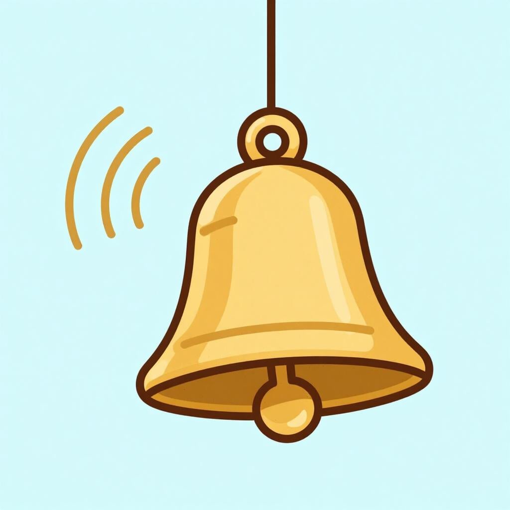 A large, golden cartoon bell hanging, with visible sound waves radiating outwards to indicate a chime.