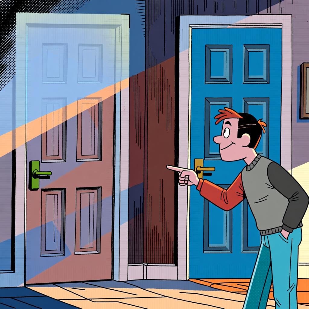 A person standing at a fork in the road, pointing confidently down one path, showing a decision has been made.