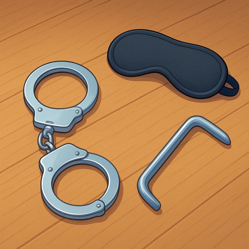 A still life showing multiple items associated with illegal activity: a pair of shiny metal handcuffs, a black eye mask, and a small, silver crowbar, representing things that are criminal.