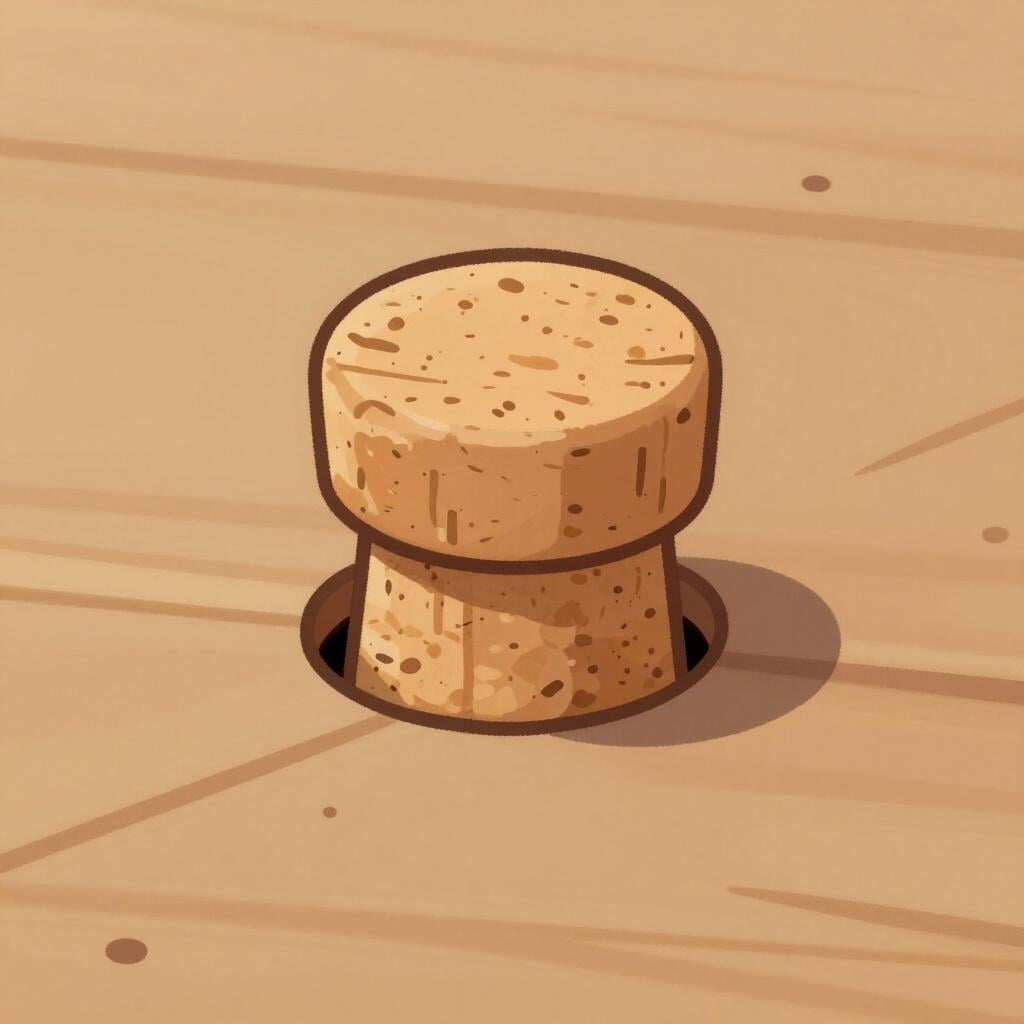 Uma rolha de madeira tapando um buraco redondo em uma superfície de madeira.