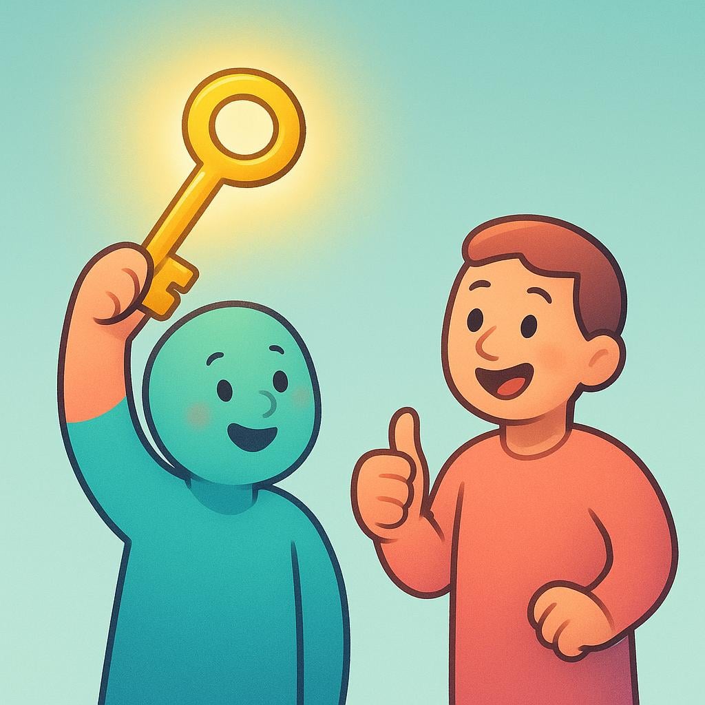 A stylized illustration showing one figure holding up a large, glowing golden key, representing undeniable evidence. A second figure is immediately giving an enthusiastic thumbs-up sign, showing they are convinced.