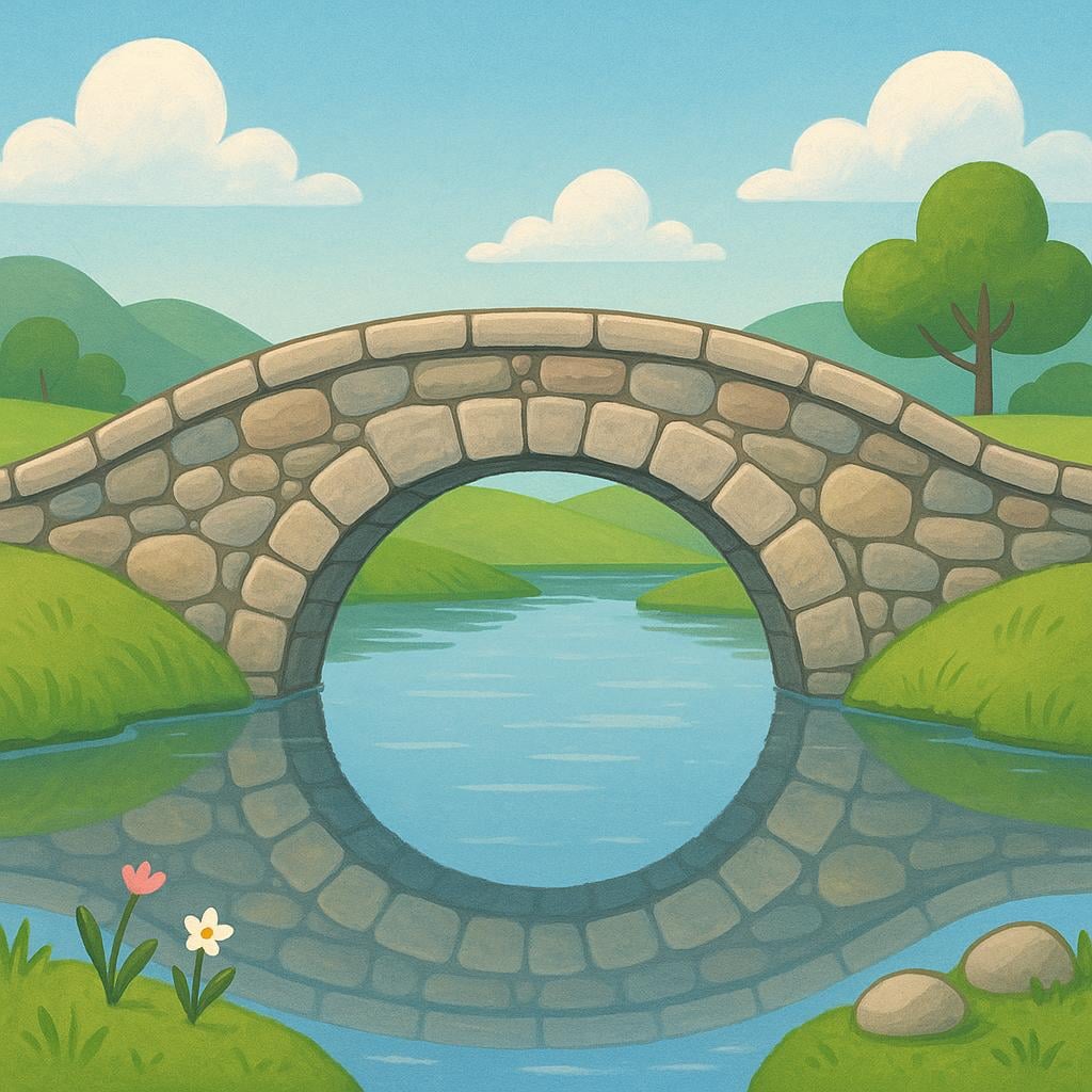A sturdy stone arch bridge spans over a calm blue river, connecting two green banks.