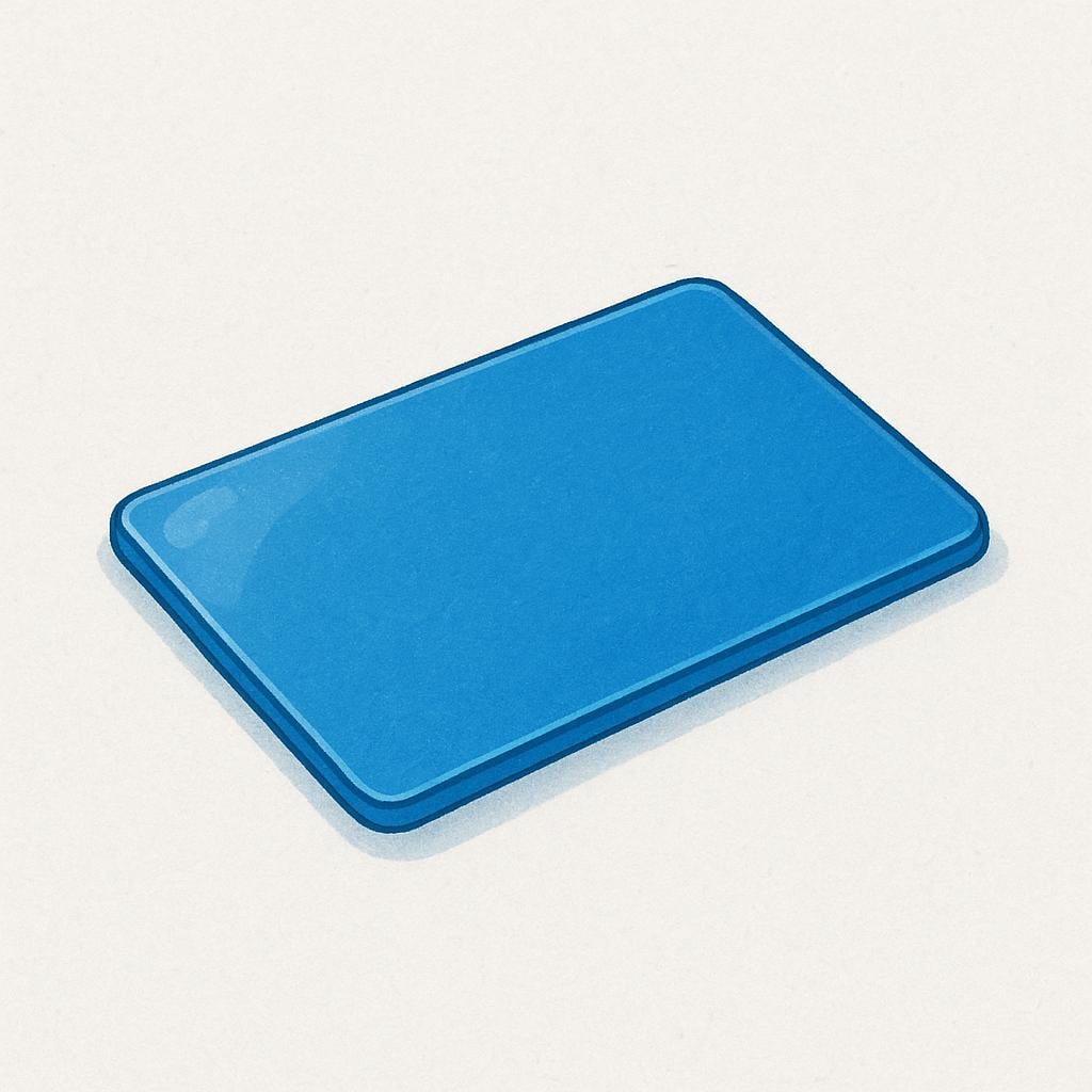A simple solid blue rectangular plastic card, similar to a bank or identification card, lying flat.