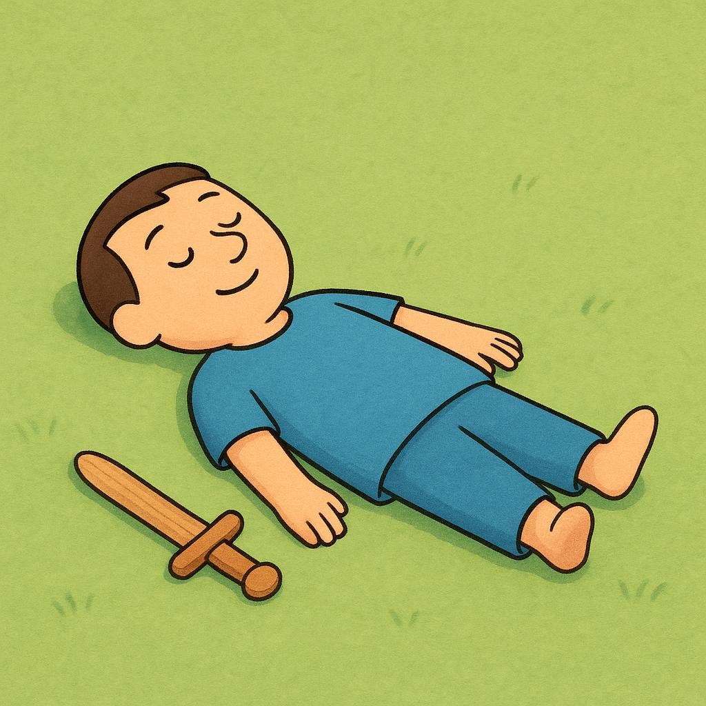 A simple, stylized illustration of a defeated male figure lying flat on the ground in a field, indicating the action of killing him.
