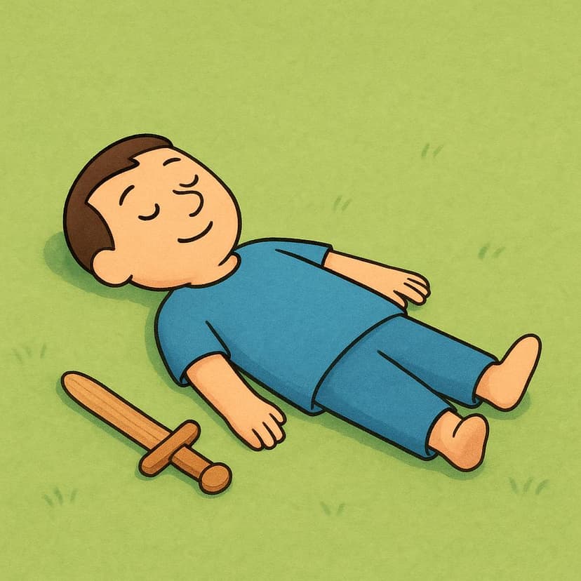 A simple, stylized illustration of a defeated male figure lying flat on the ground in a field, indicating the action of killing him.