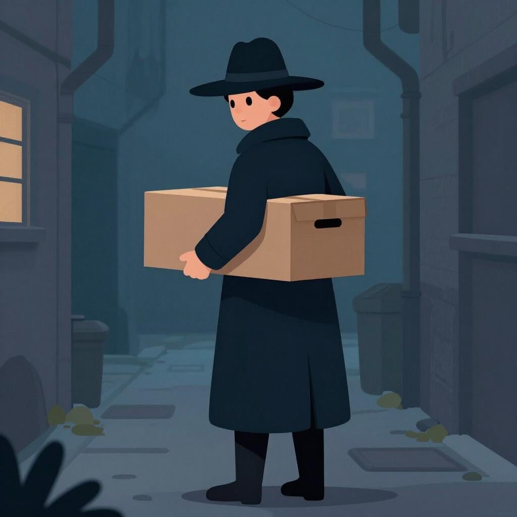 A shady character wearing a dark trench coat and a hat pulled low, hiding a mysterious box behind their back.