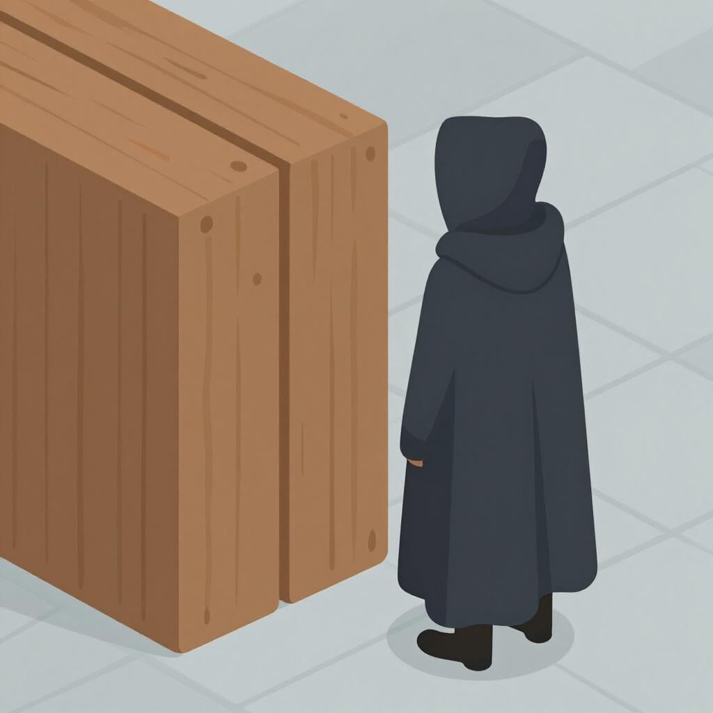 Een figuur in een donkere kapmantel staand naast een groot houten blok.