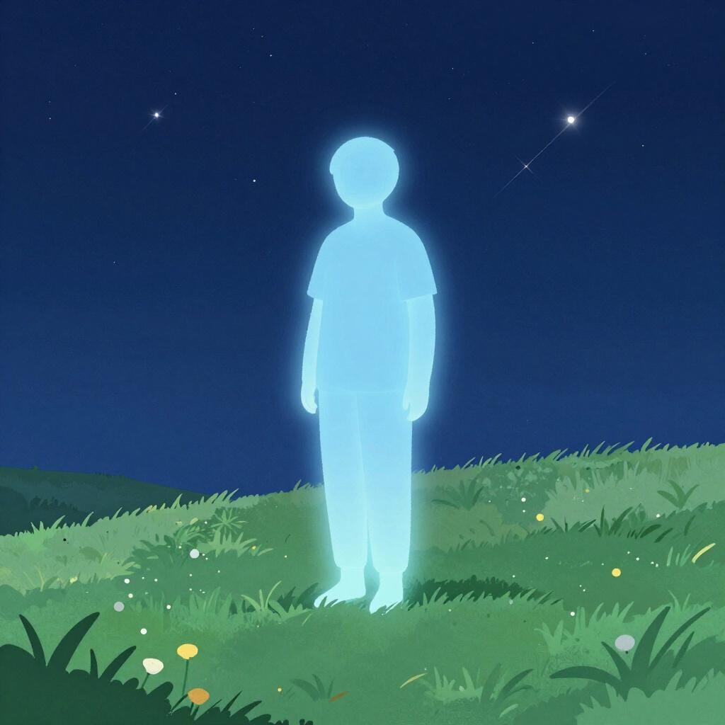 Een gloeiende, zachtblauwe silhouet van een persoon die vredig in een grasveld staat.