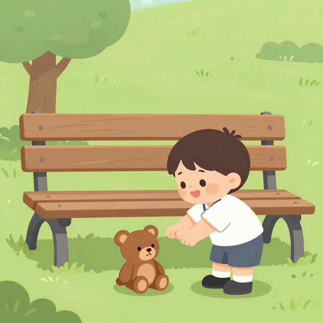 子供が木製のベンチの下で失くしたテディベアを見つけて喜んでいる様子。